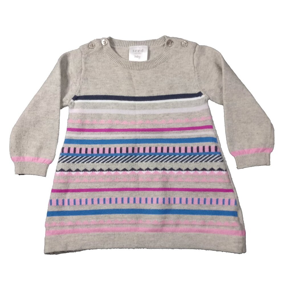 Seed Heritage Light Tan Knit Colourful Striped Dress US 0-3M